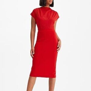 Express Draped Mock Neck Midi Sheath Dress in Red NWT Size L